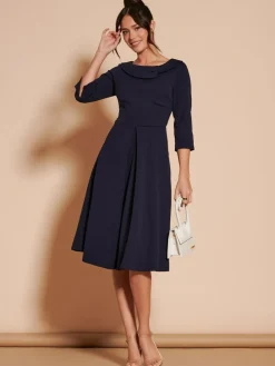 Outlet Jolie Moi 3/4 Sleeve Fold Neck Midi Dress Navy Blue