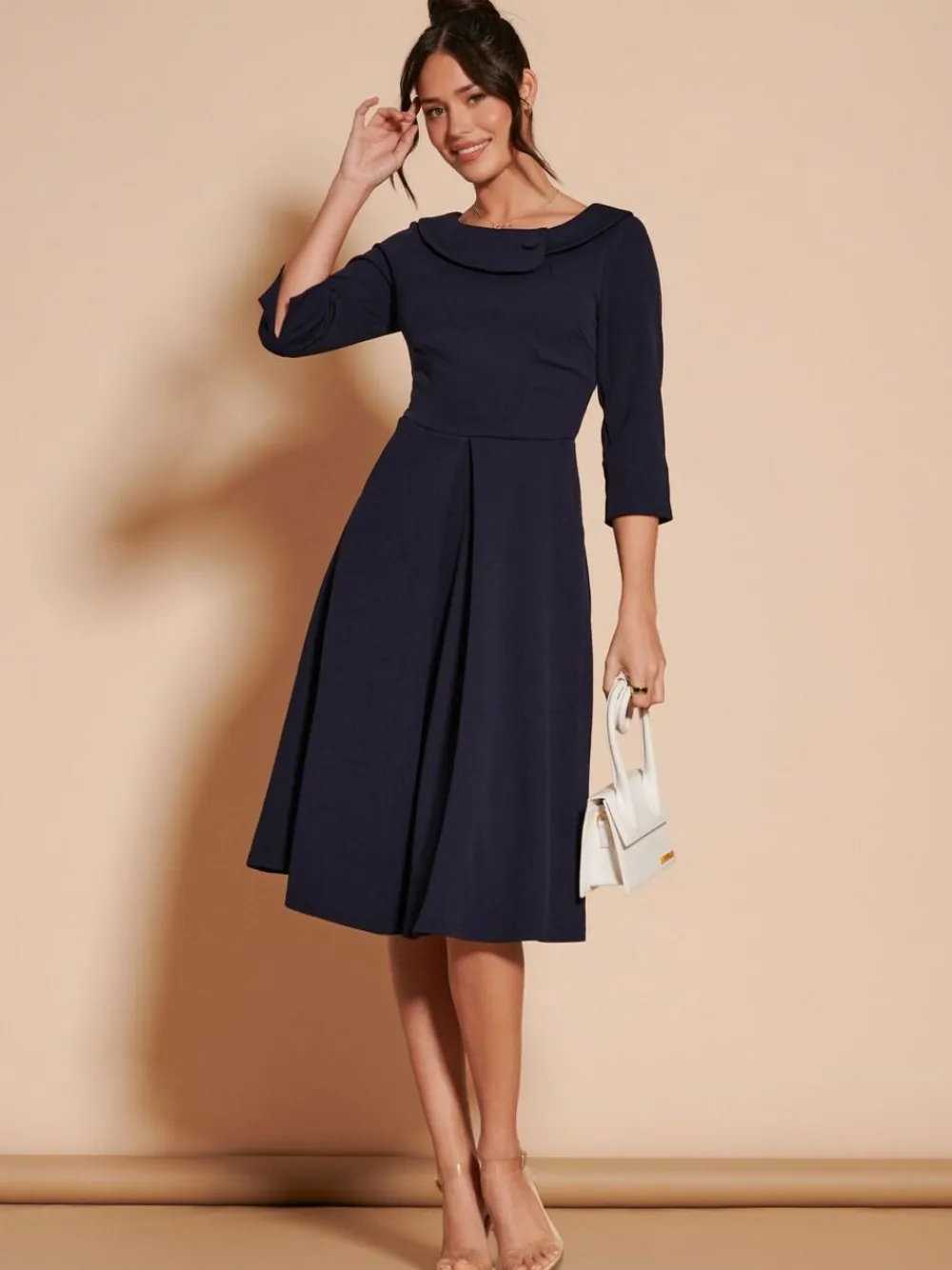 Outlet Jolie Moi 3/4 Sleeve Fold Neck Midi Dress Navy Blue