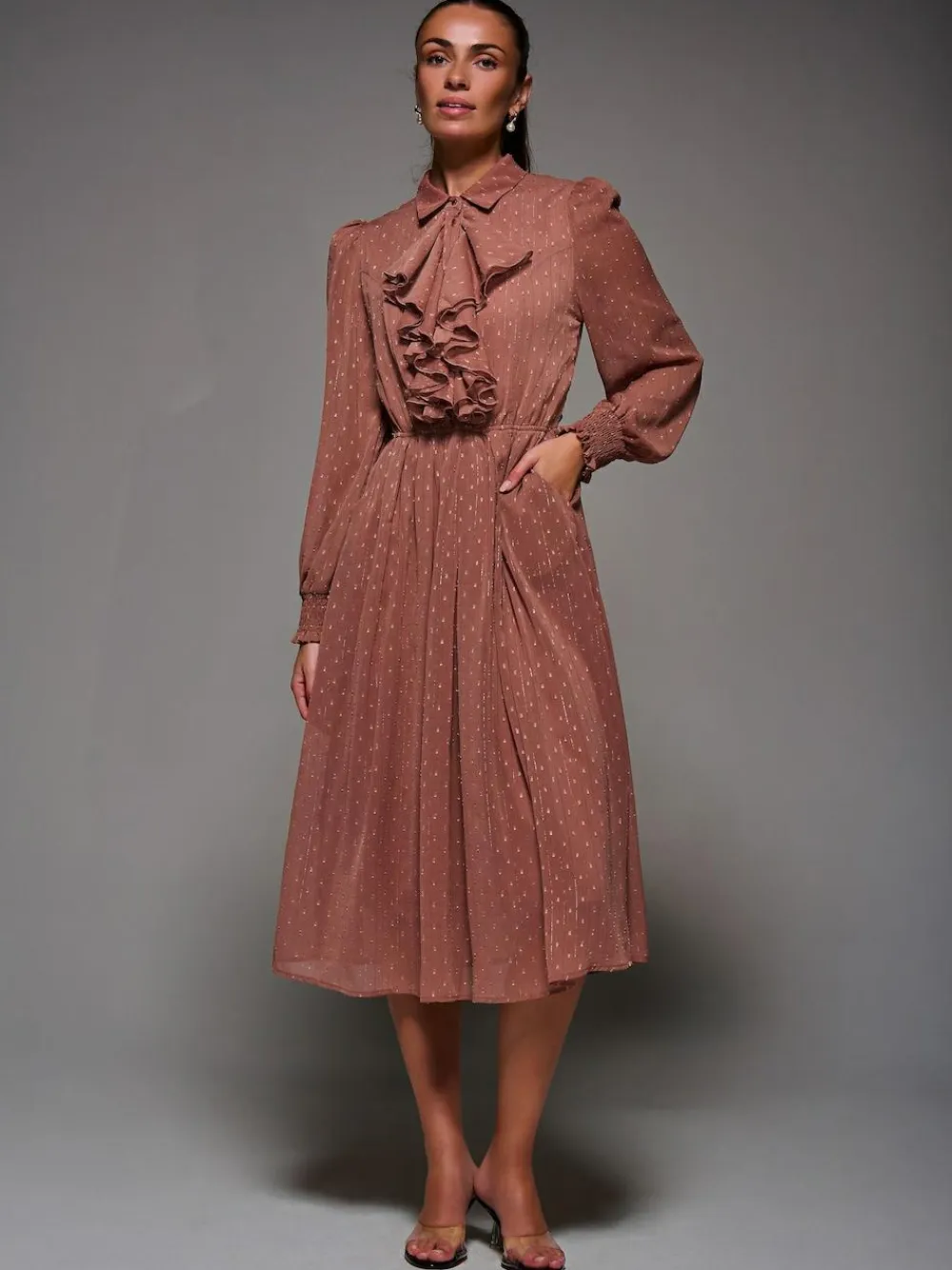 Jolie Moi Pink Textured Chiffon Ruffle Shirt Dress^Women Occasion Dresses|Midi Dresses