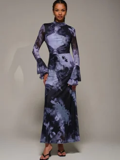 New Jolie Moi Ruffle Long Sleeve Mesh Maxi Dress Purple