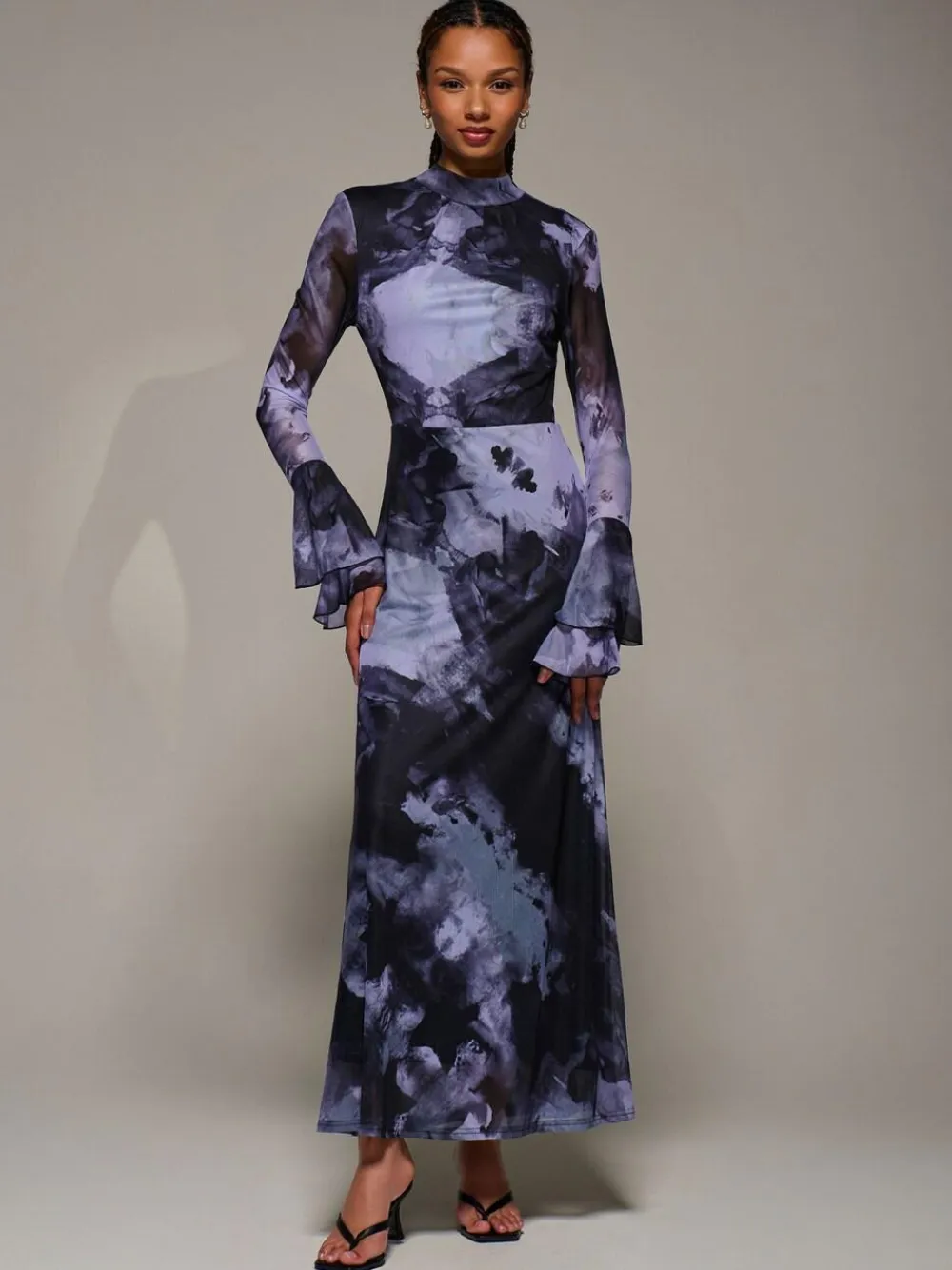 New Jolie Moi Ruffle Long Sleeve Mesh Maxi Dress Purple