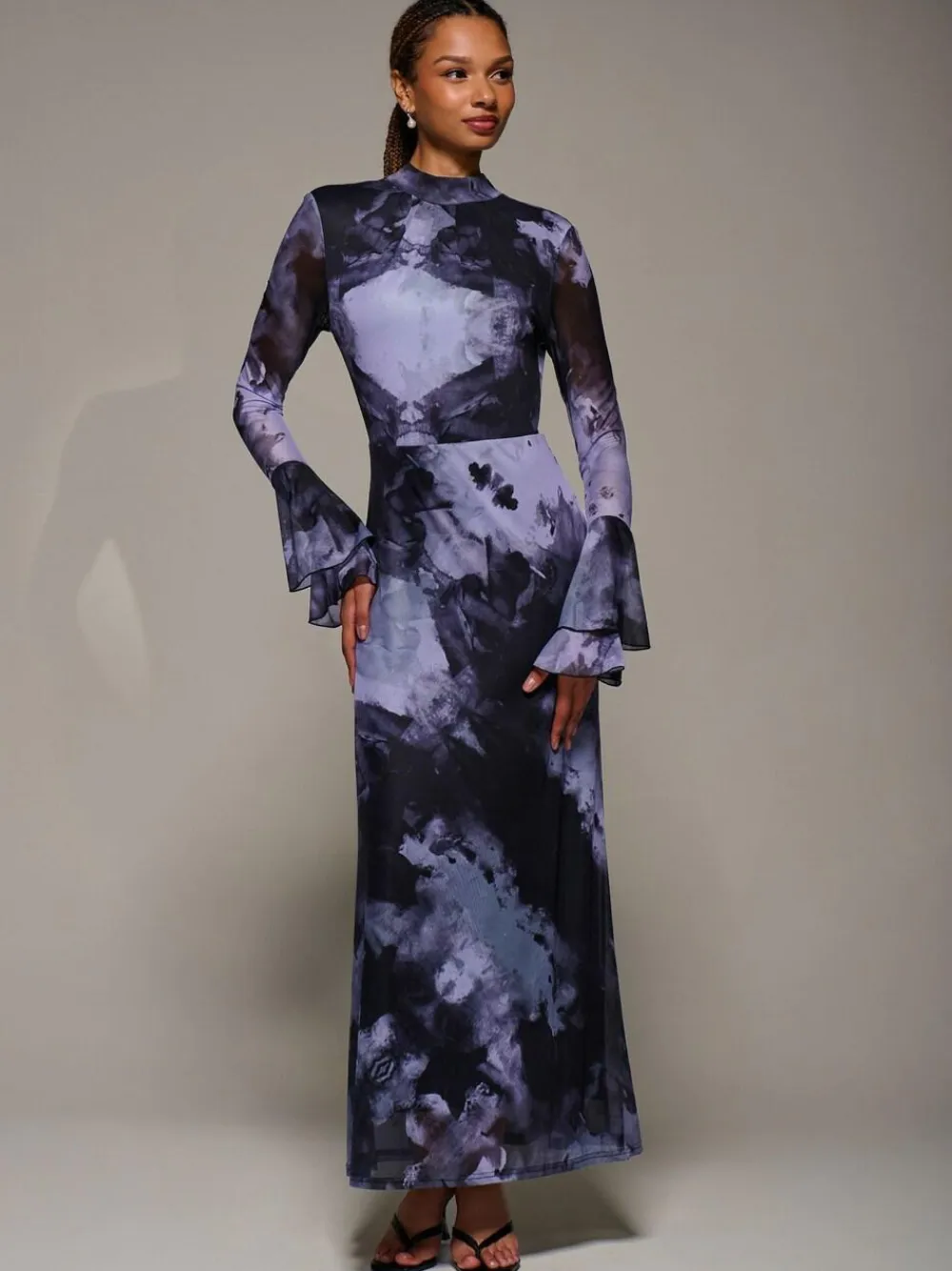 New Jolie Moi Ruffle Long Sleeve Mesh Maxi Dress Purple