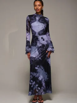 New Jolie Moi Ruffle Long Sleeve Mesh Maxi Dress Purple