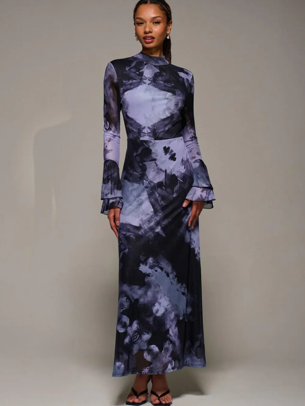 New Jolie Moi Ruffle Long Sleeve Mesh Maxi Dress Purple