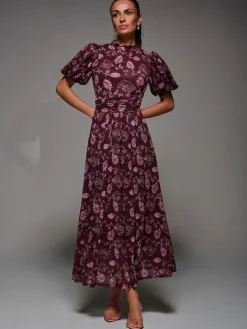 Online Jolie Moi Puffy Sleeve Printed Mesh Maxi Dress Red