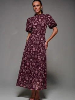 Online Jolie Moi Puffy Sleeve Printed Mesh Maxi Dress Red