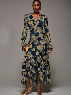 Best Jolie Moi Yellow Long Sleeve Ruffle Hem Mesh Maxi Dress