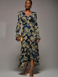 Best Jolie Moi Yellow Long Sleeve Ruffle Hem Mesh Maxi Dress