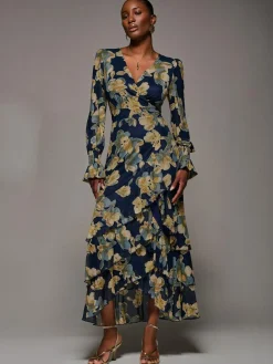 Best Jolie Moi Yellow Long Sleeve Ruffle Hem Mesh Maxi Dress