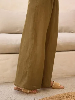 Next Khaki Green 100% Linen Premium Wide Leg Trousers^Women Pants