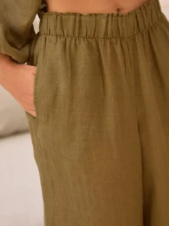 Next Khaki Green 100% Linen Premium Wide Leg Trousers^Women Pants