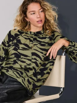 Discount Next Khaki Green Animal Print Long Sleeve V-Neck Blouse