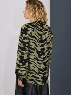Discount Next Khaki Green Animal Print Long Sleeve V-Neck Blouse