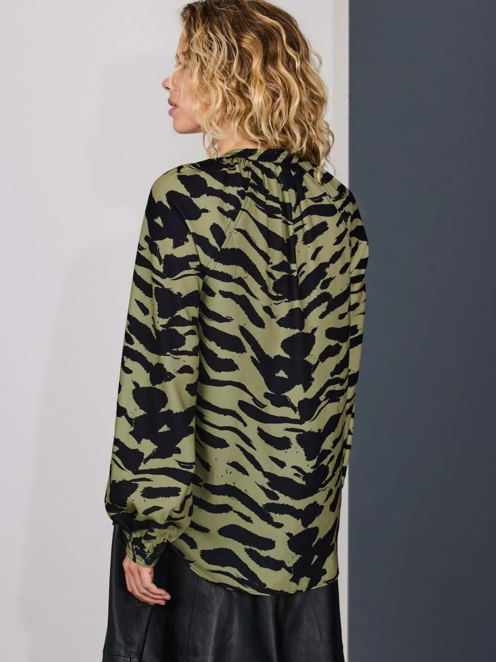 Discount Next Khaki Green Animal Print Long Sleeve V-Neck Blouse