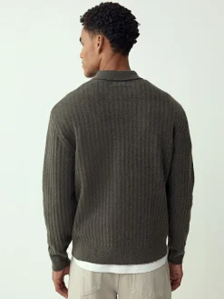 Next Cosy Rib Knit Long Sleeve Polo Shirt with Wool^ Knitwear|Knitwear