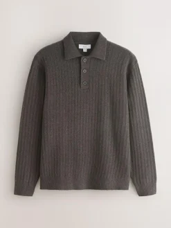 Next Cosy Rib Knit Long Sleeve Polo Shirt with Wool^ Knitwear|Knitwear