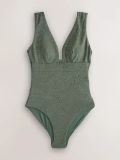 Next Khaki Green Leaf Textured Plunge Shaping Tummy Control Swimsuit^Women Swimwear