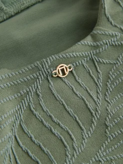 Next Khaki Green Leaf Textured Plunge Shaping Tummy Control Swimsuit^Women Swimwear