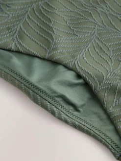 Next Khaki Green Leaf Textured Plunge Shaping Tummy Control Swimsuit^Women Swimwear