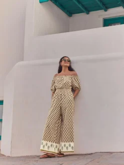 Next Off Shoulder 100% Cotton Wide Leg Jumpsuit Khaki Green