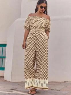 Next Off Shoulder 100% Cotton Wide Leg Jumpsuit Khaki Green