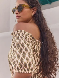 Next Off Shoulder 100% Cotton Wide Leg Jumpsuit Khaki Green