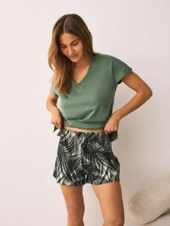 Outlet Next Short Pyjamas Set Khaki Green Palm