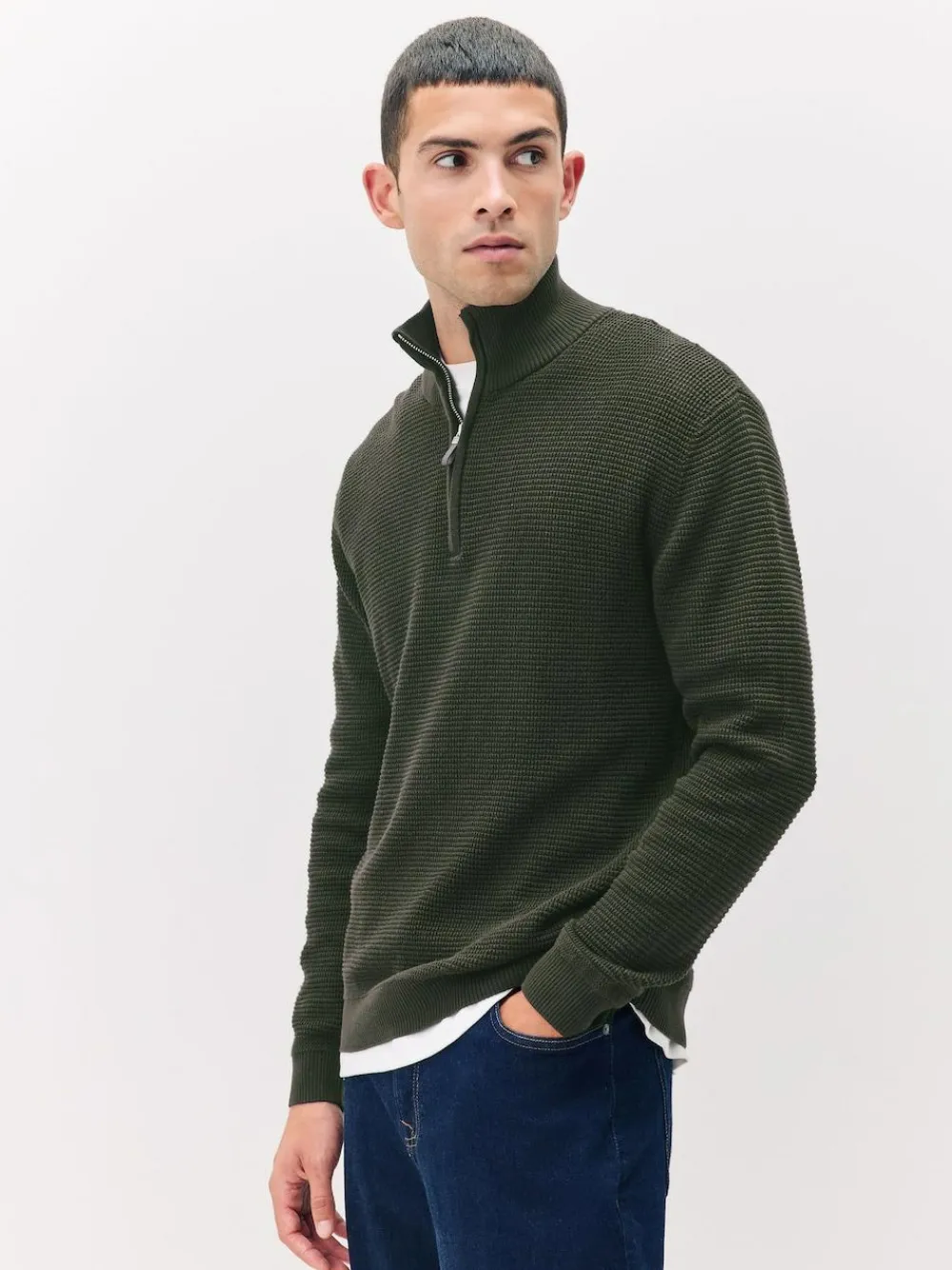 Best Next Plain N.Premium Regular Fit Cotton Rich Textured Premium Quarter Zip Jumper Khaki Green