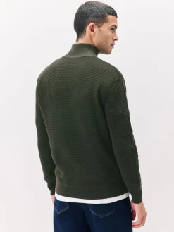 Best Next Plain N.Premium Regular Fit Cotton Rich Textured Premium Quarter Zip Jumper Khaki Green