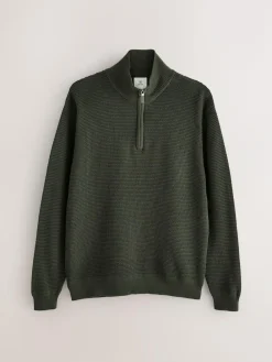 Best Next Plain N.Premium Regular Fit Cotton Rich Textured Premium Quarter Zip Jumper Khaki Green