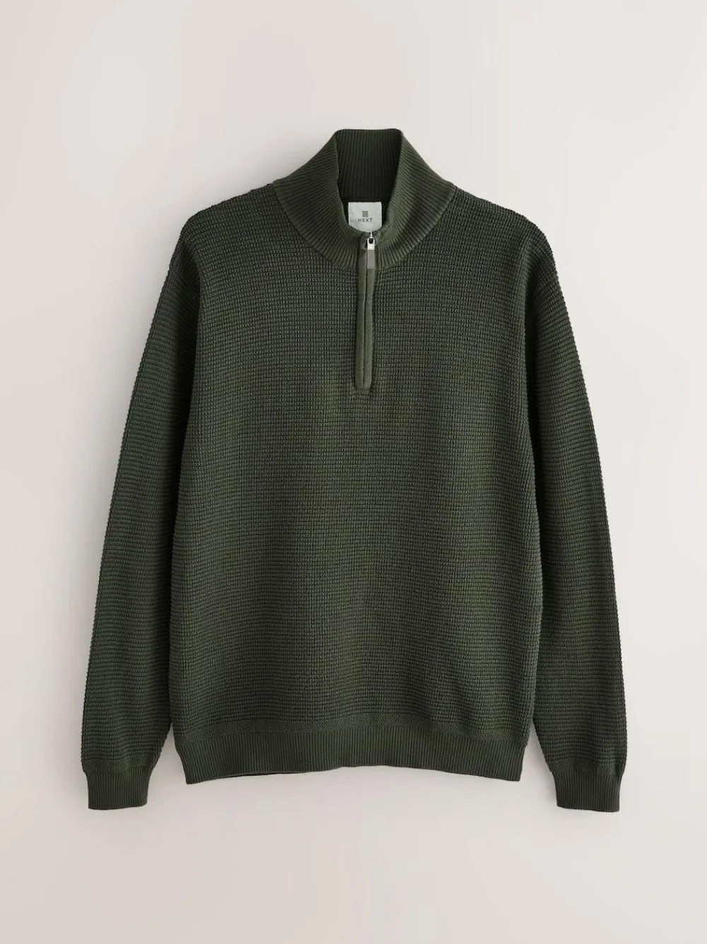 Best Next Plain N.Premium Regular Fit Cotton Rich Textured Premium Quarter Zip Jumper Khaki Green