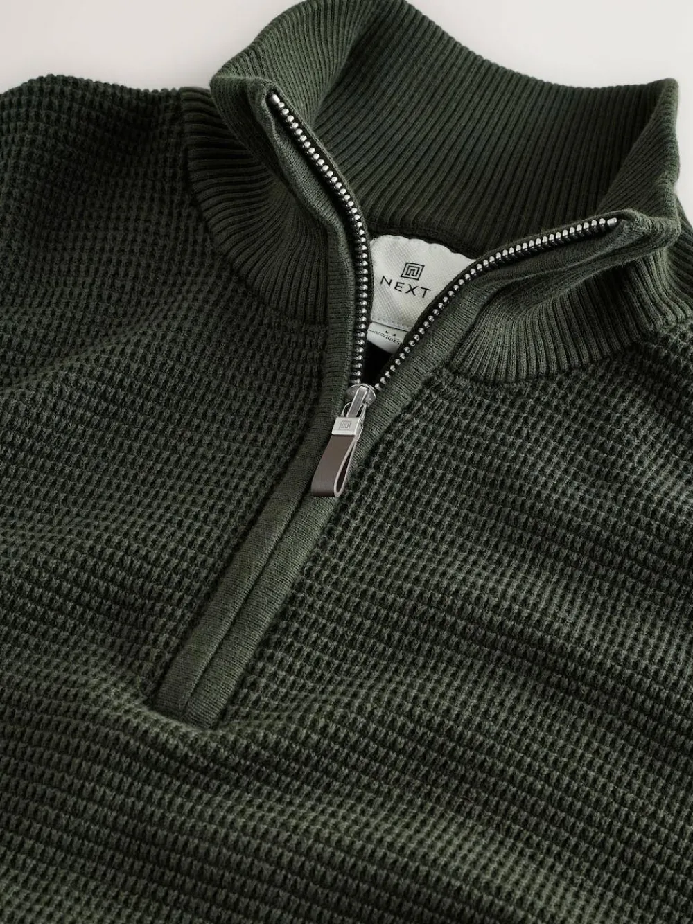 Best Next Plain N.Premium Regular Fit Cotton Rich Textured Premium Quarter Zip Jumper Khaki Green