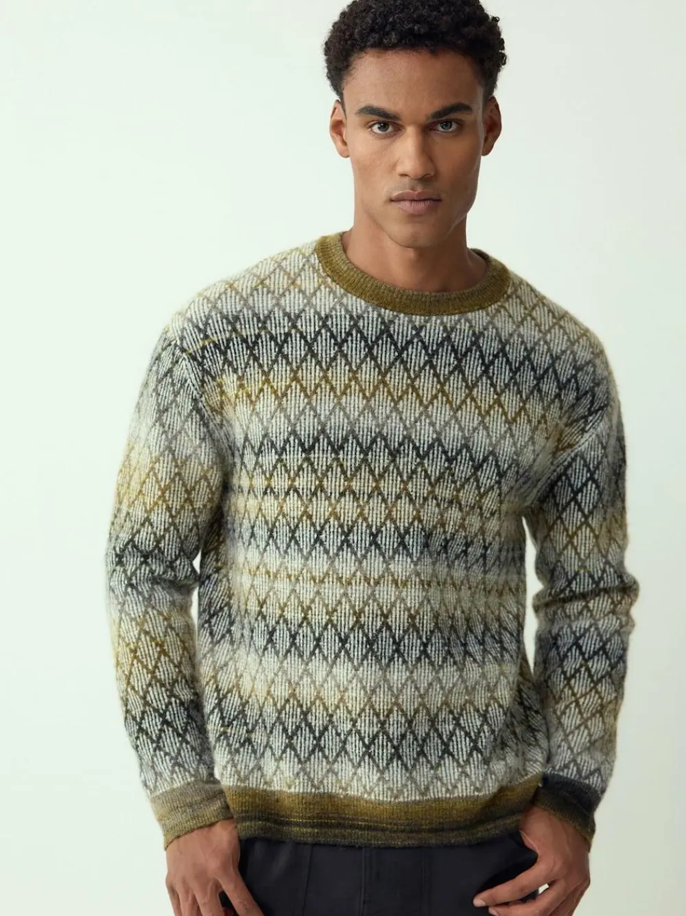 Hot Next Khaki Green Relaxed Fit Ombre Diamond Pattern Texture Crew Neck Jumper with Wool