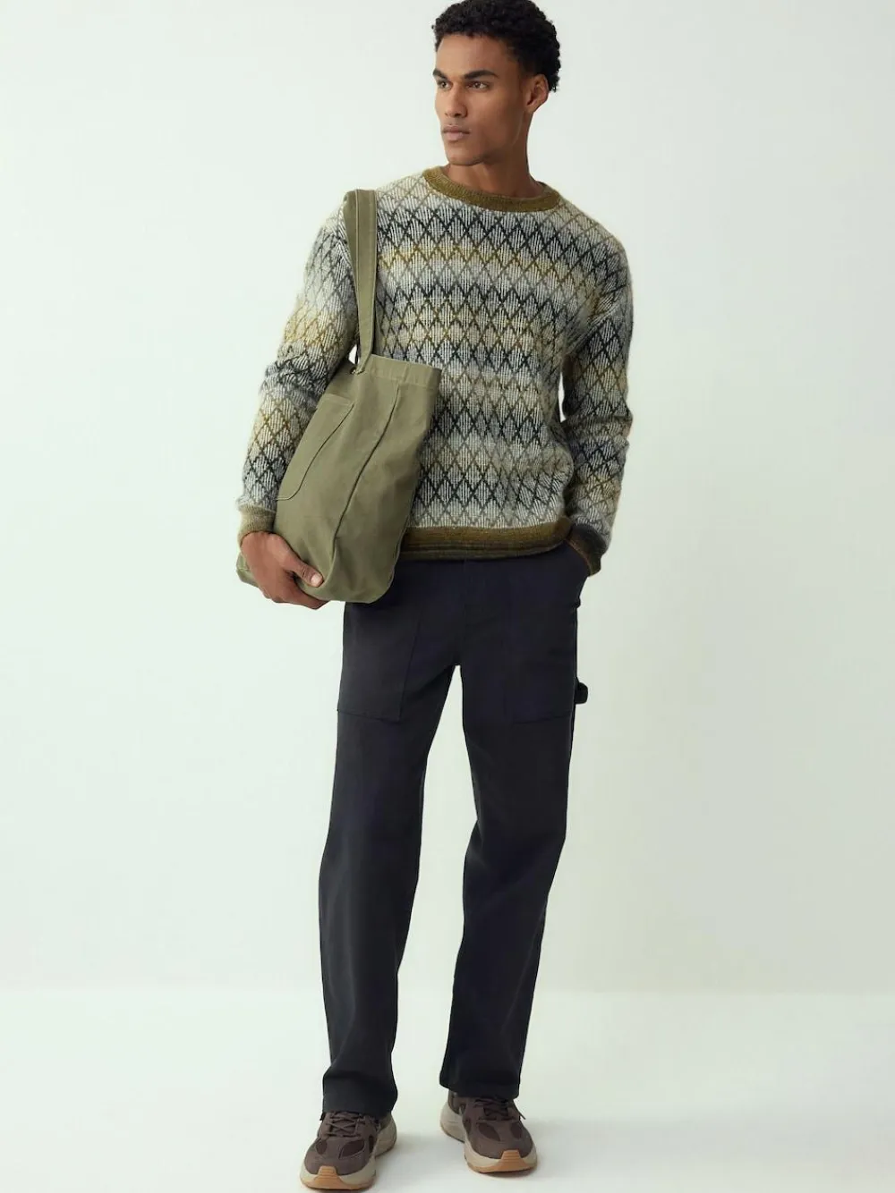 Hot Next Khaki Green Relaxed Fit Ombre Diamond Pattern Texture Crew Neck Jumper with Wool