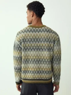 Hot Next Khaki Green Relaxed Fit Ombre Diamond Pattern Texture Crew Neck Jumper with Wool