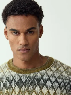 Hot Next Khaki Green Relaxed Fit Ombre Diamond Pattern Texture Crew Neck Jumper with Wool