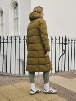 Hot Next Khaki Green Shower Resistant Padded Hooded Longline Coat