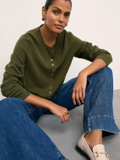 Next Khaki Green Slim Supersoft Crew Neck Cardigan with Wool^Women Knitwear|Knitwear