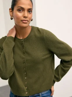 Next Khaki Green Slim Supersoft Crew Neck Cardigan with Wool^Women Knitwear|Knitwear