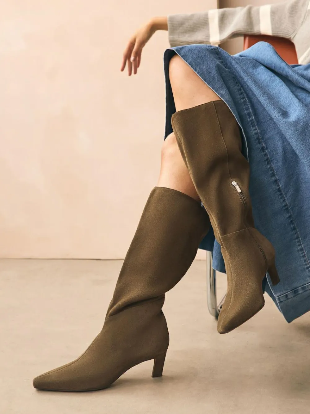 Outlet Next Forever Comfort® Knee High Chisel Toe Heeled Boots Khaki Green Suede