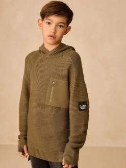 Next Khaki Green Utility Knitted Hoodie (3-16yrs)^BOY Knitwear & Sweaters|Knitwear