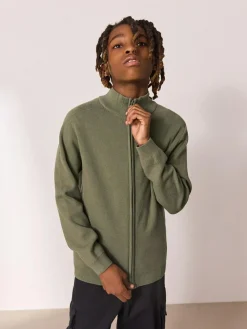 Next Khaki Green Zip Through Knitted Cardigan (3-16yrs)^BOY Knitwear & Sweaters|Knitwear