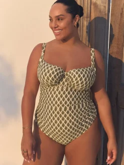 Best Next F-K Underwired Tummy Control Swimsuit Khaki Green/Cream Foil Woodblock