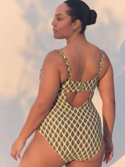 Best Next F-K Underwired Tummy Control Swimsuit Khaki Green/Cream Foil Woodblock