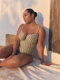 Best Next F-K Underwired Tummy Control Swimsuit Khaki Green/Cream Foil Woodblock