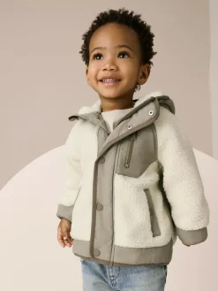 Next Khaki/Cream Colourblock Borg Jacket (3mths-7yrs)