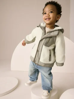 Next Khaki/Cream Colourblock Borg Jacket (3mths-7yrs)