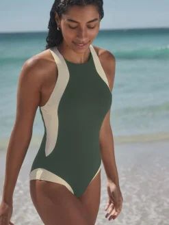 Sale Next High Neck Halterneck Tummy Control Swimsuit Khaki/Cream