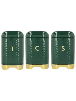 Kitchencraft Green Textured Geometric Tea Coffee Sugar Canisters Set^ Storage & Organisation