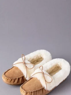 Outlet Lakeland Leather Ladies Sheepskin Moccasin Slippers Tan Brown
